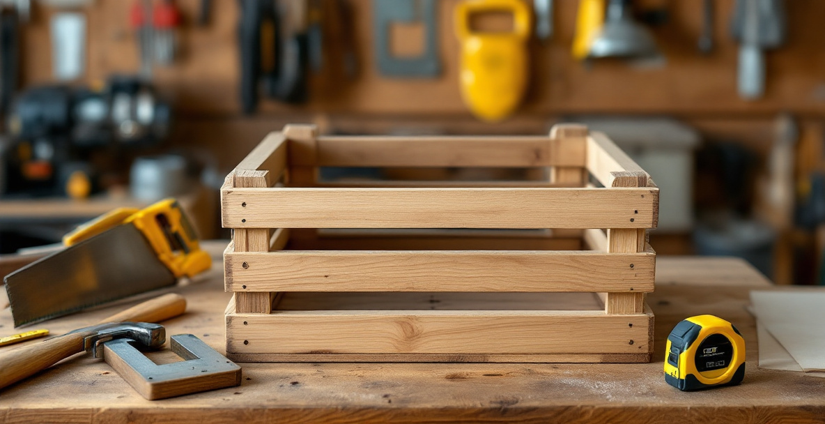 A hand-built wooden crate made from pine slats, assembled with a handsaw and hammer on a small workbench
