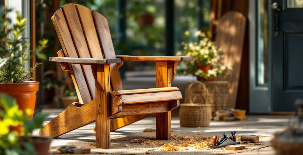Weathered white oak and cedar boards laid out in a small shed workshop, examples of the best wood for outdoor furniture built with hand tools