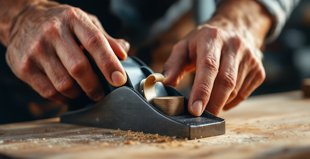 A woodworker's hands guiding a hand plane along a wooden board, demonstrating how to use a hand plane in a small workshop