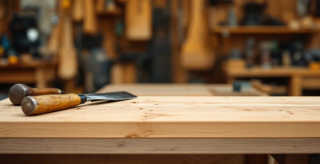 A thick laminated workbench top made from budget construction lumber, showing alternating grain strips glued together for a hand tool woodworking bench