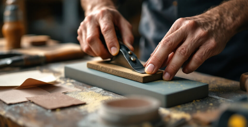 Hands honing a hand plane blade on a sandpaper-covered flat stone, showing how to sharpen a hand plane blade with basic secondhand tools