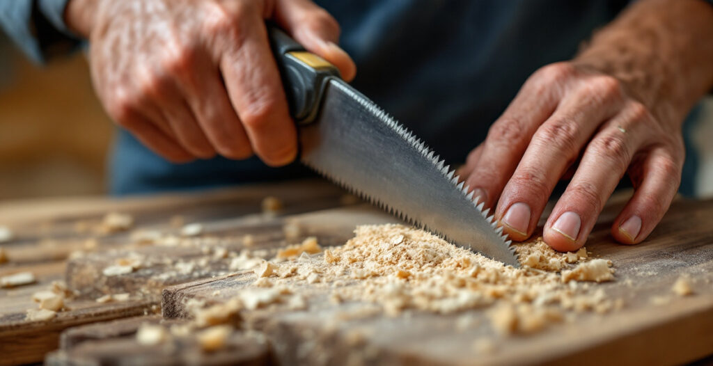 A woodworker's hands guiding a coping saw through a curved cut in a piece of wood clamped in a vise