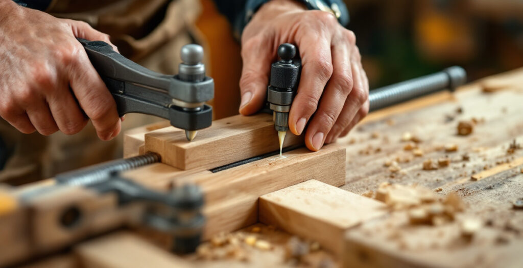 A bottle of yellow PVA wood glue and a clamped mortise and tenon joint on a workbench, illustrating the best wood glue for furniture