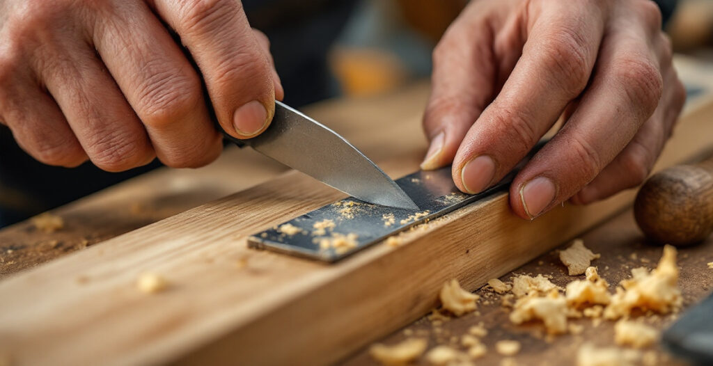 A single-bevel marking knife scoring a straight layout line against a steel square on a wooden workbench