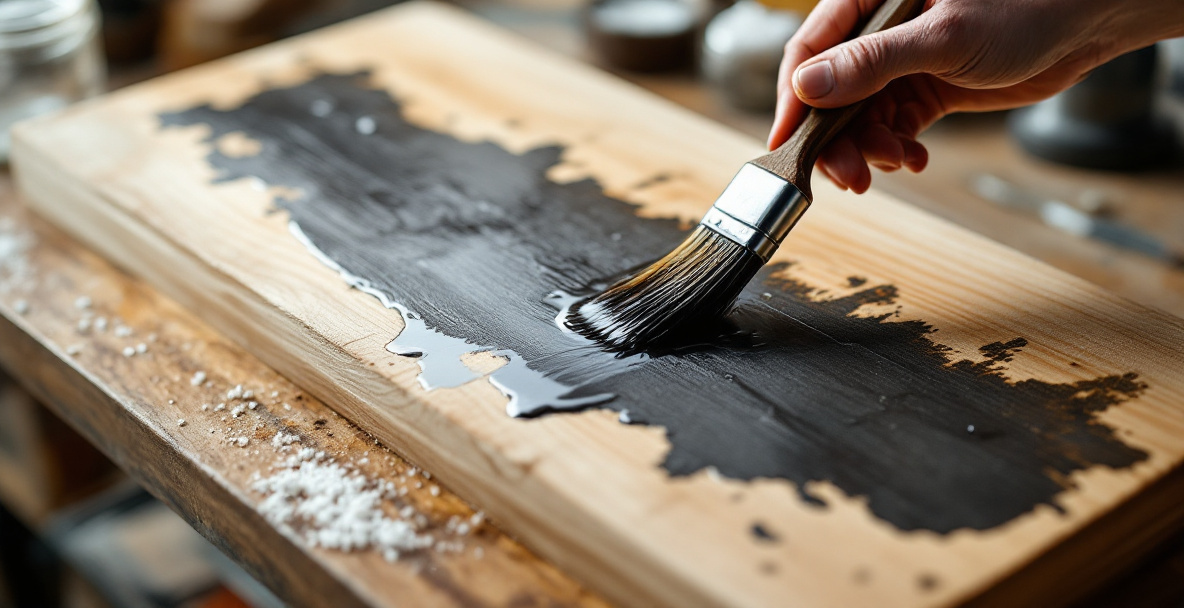 Applying oxalic acid solution with a brush to bleach dark stains out of raw wood