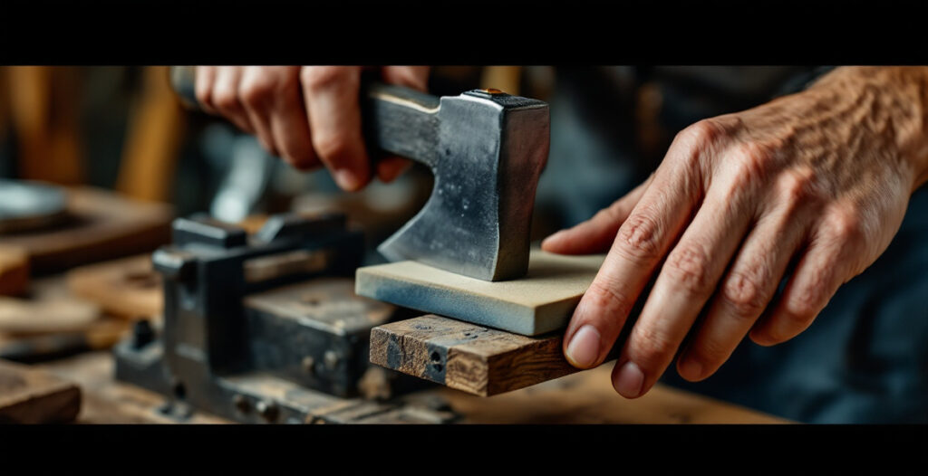 Hands filing the bevel of an axe head clamped in a vice while sharpening it by hand