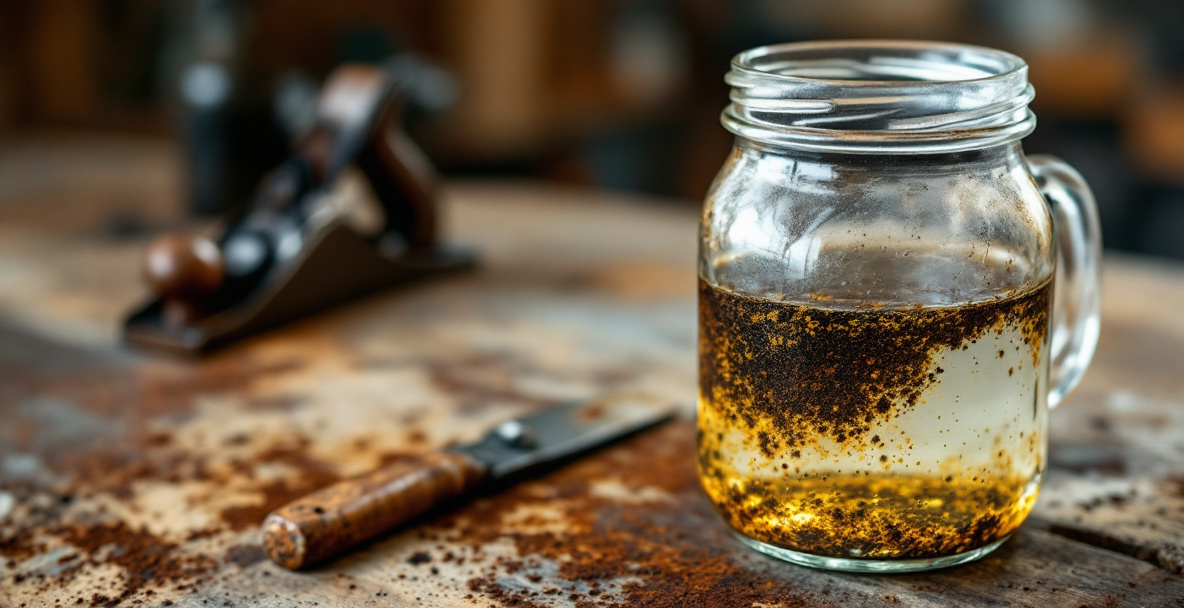 A rusty secondhand chisel soaking in a container of white vinegar for rust removal, with a wire brush and rag beside it