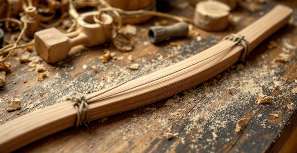 A wooden drawing bow made from a bent strip of wood and cord, used to mark a curved line on a chair seat blank
