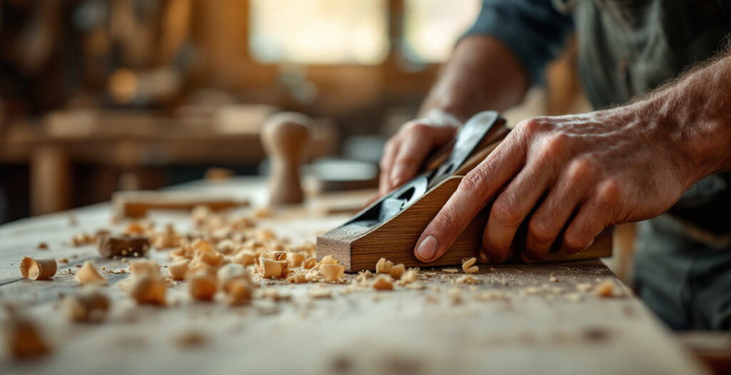 Hand plane sitting on a partly flattened wooden board with curled wood shavings on a workbench