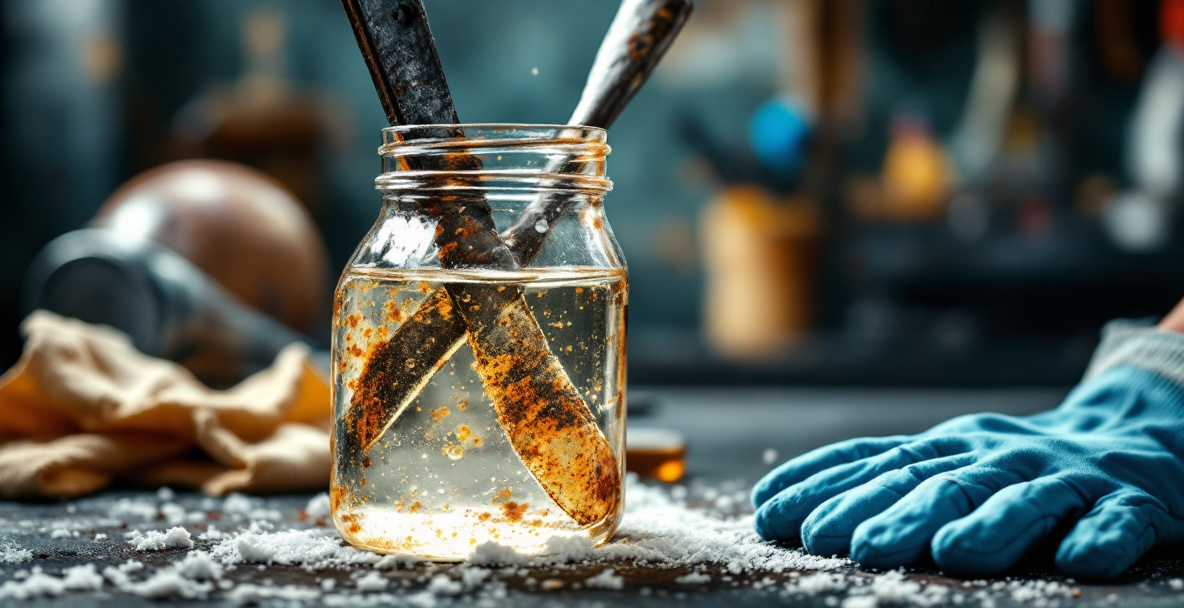 A rusted chisel submerged in white vinegar inside a glass jar as part of a soak-and-scrub rust removal method