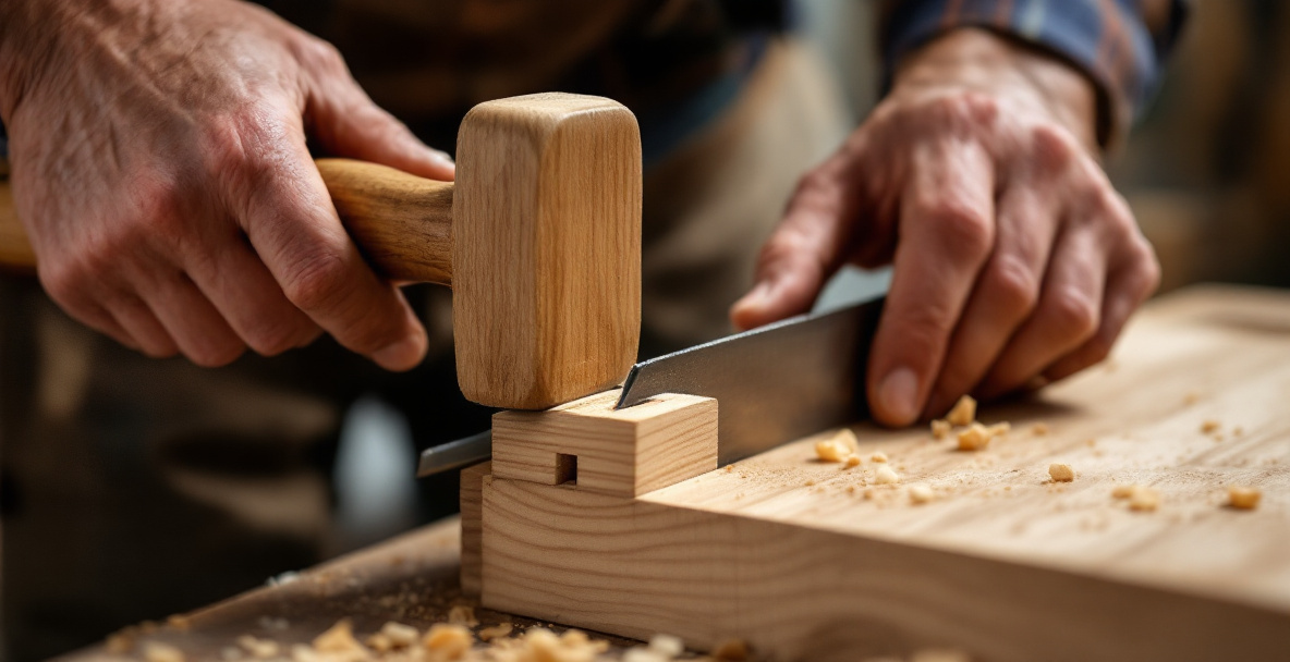 Woodworker chopping a mortise into a table leg using a chisel and wooden mallet