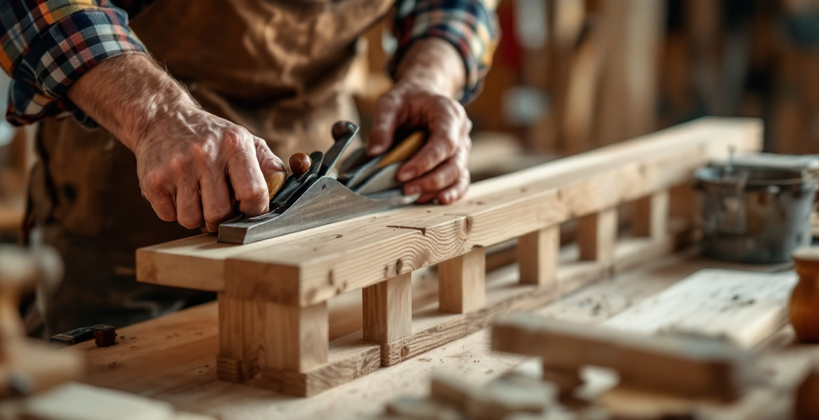 Hand-built wooden crib frame with mortise and tenon joints being assembled on a workbench using hand tools