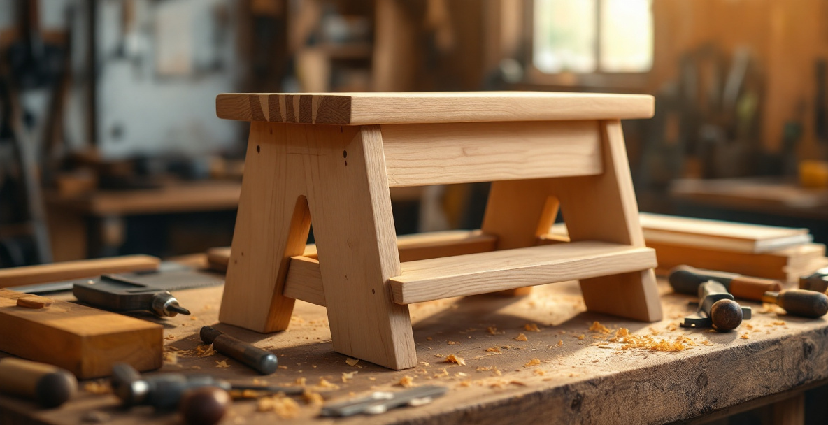 A hand-built wooden step stool with dado joints and rounded foot cutouts, sitting on a workbench next to a chisel and backsaw