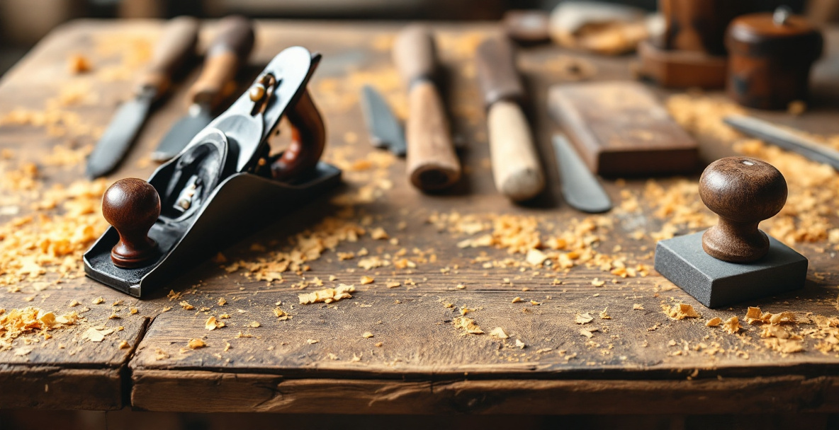 A small set of secondhand hand tools to start woodworking, including a chisel, hand plane, backsaw, and mallet laid out on a workbench