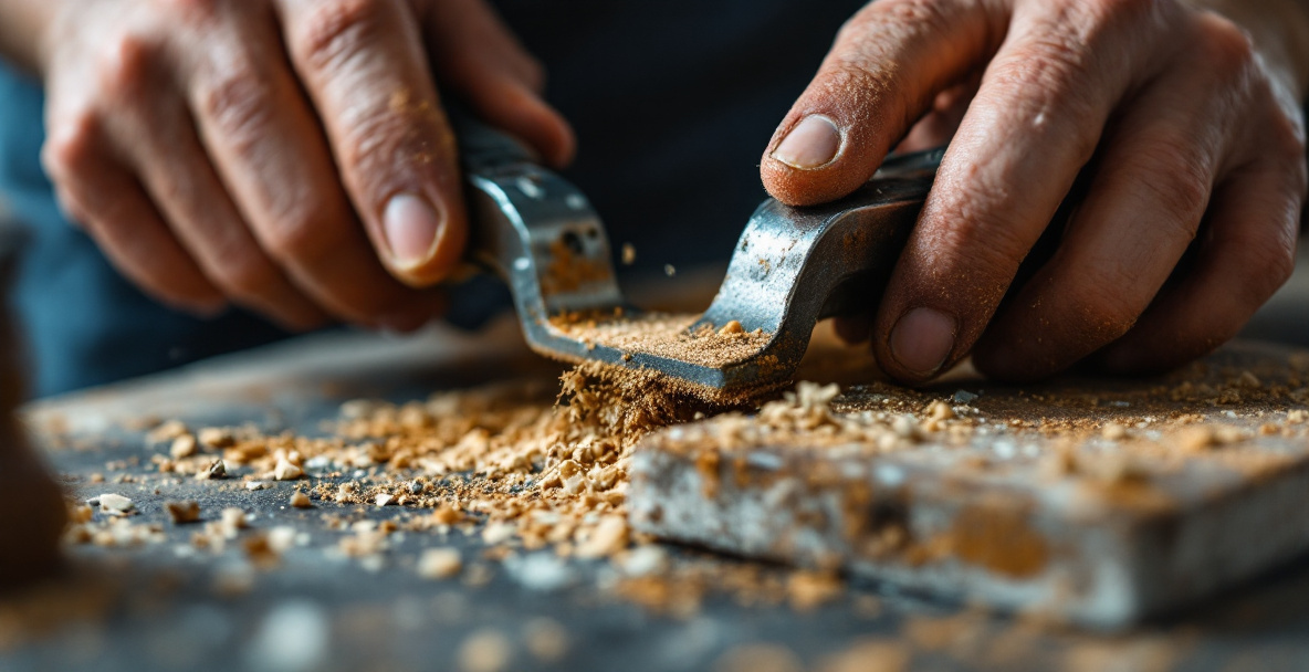 Hand sanding rust off a chisel blade with sandpaper and oil on a workbench