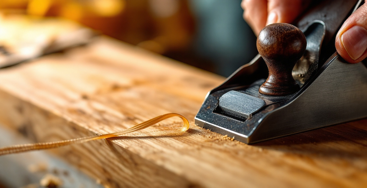 Close-up of a hand plane cutting a thin, even shaving while someone planes wood by hand on a workbench