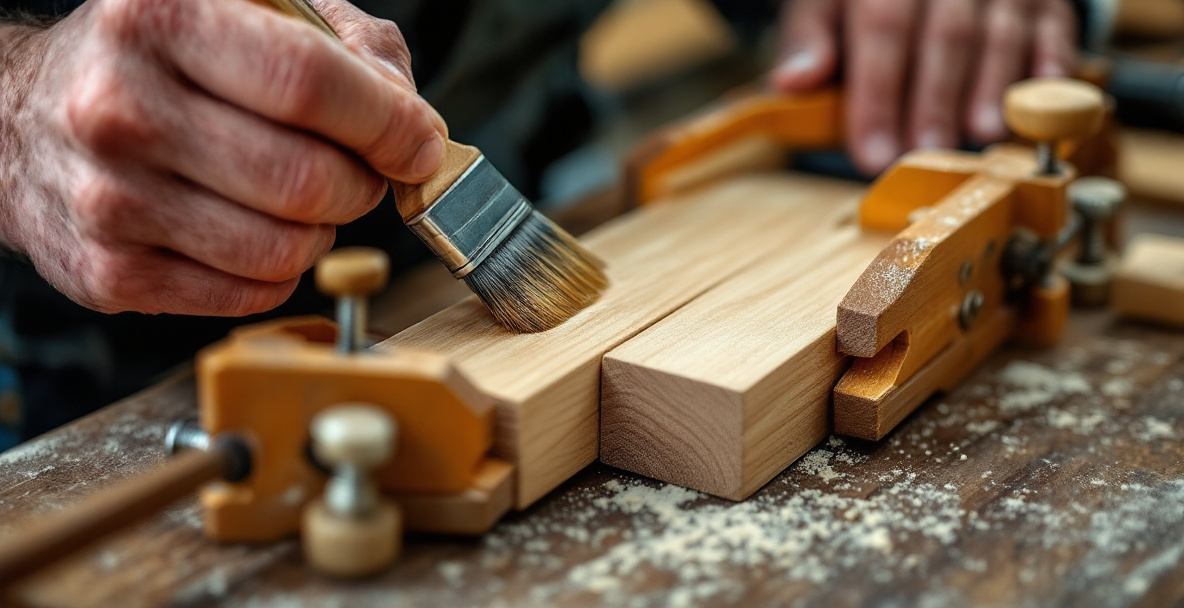 Hand applying woodworking adhesive to a mortise and tenon joint before clamping