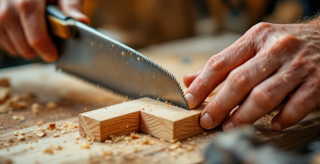 A woodworker using a dovetail saw to cut angled tails into a board clamped in a vise