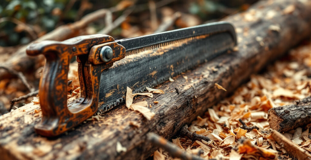 Hand using a bowsaw to crosscut a green wood branch, showing the tensioned blade and wooden frame