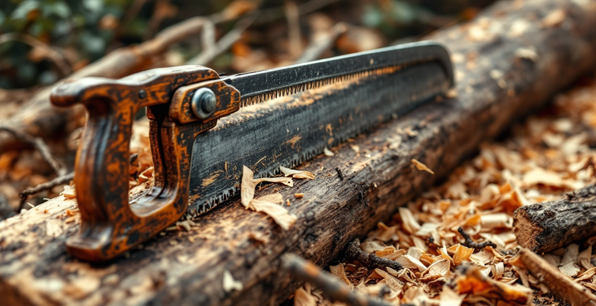 Hand using a bowsaw to crosscut a green wood branch, showing the tensioned blade and wooden frame