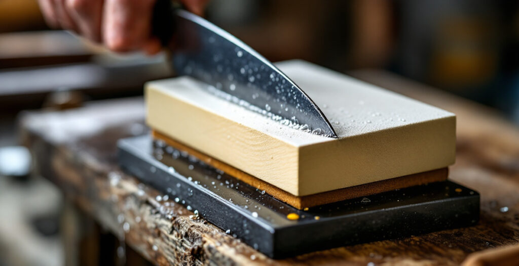 A budget combination waterstone used as a sharpening stone for chisels, sitting beside a chisel and a water trough