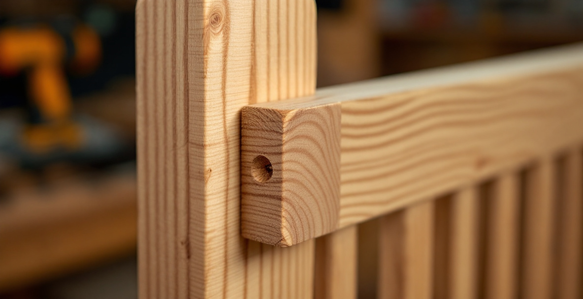 Hand-cut mortise and tenon joint on a crib side rail, showing crib woodworking joinery and slat spacing