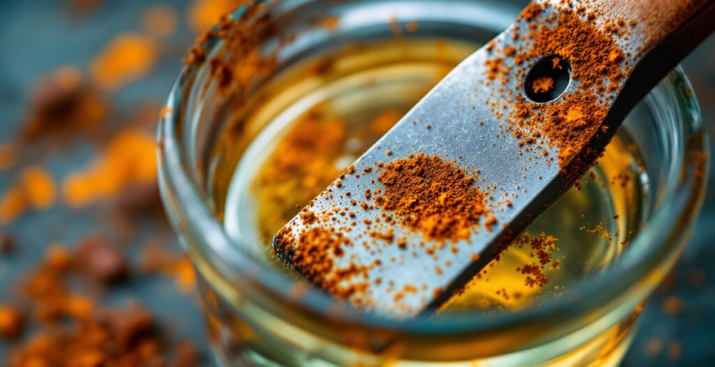 Rusty chisel and plane iron soaking in white vinegar in a glass jar to remove rust
