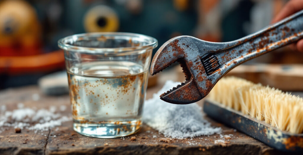 Rusty hand tools including a chisel and plane iron laid out next to vinegar, sandpaper, and steel wool used to remove rust