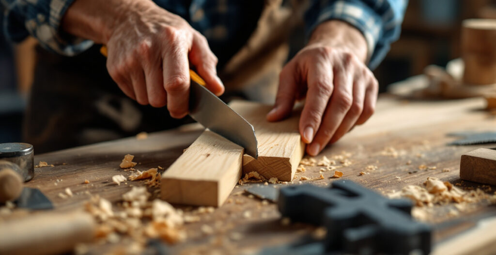 Hand-cut sliding dovetail joint showing the tapered tail fitted into a wooden socket, cut with basic chisels