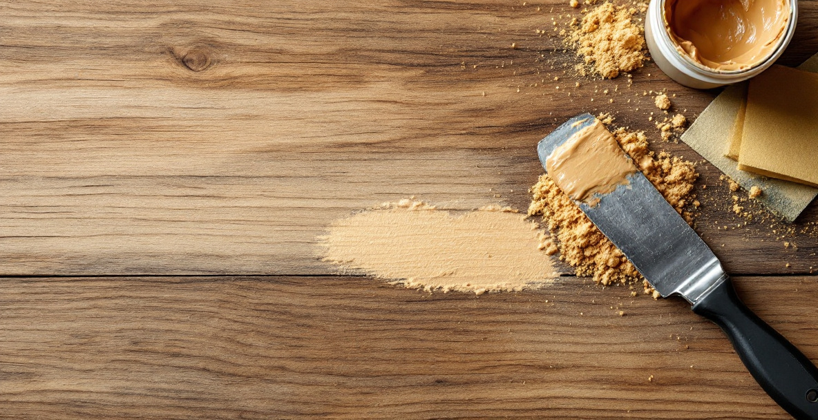 Side-by-side comparison of wood filler and wood putty being applied to patch a furniture flaw with a putty knife