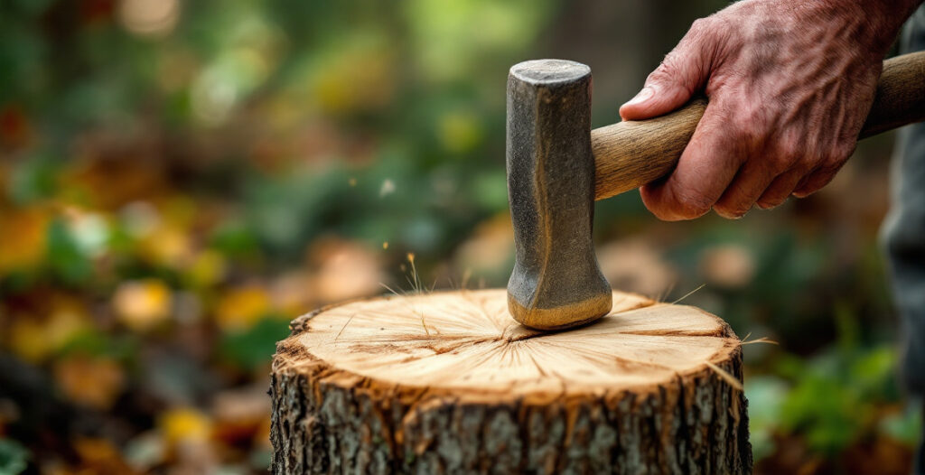 A person cleaving a green log by hand with a froe and wooden mallet, splitting it along the grain into billets
