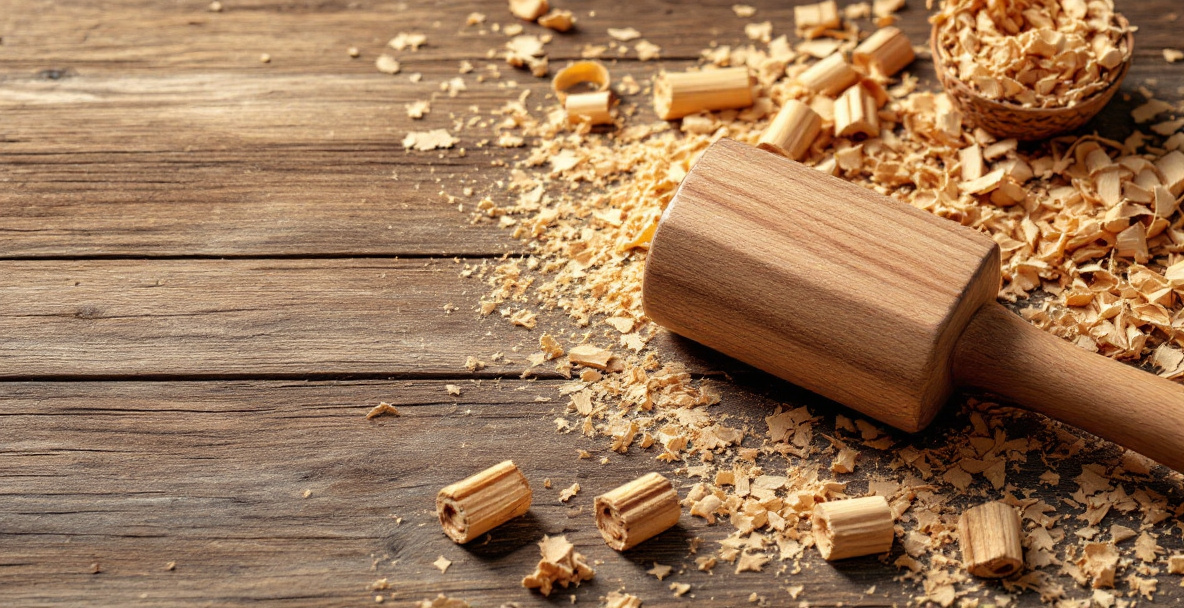 A handmade woodworking mallet with an oak head and tapered handle sitting on a workbench beside wood shavings