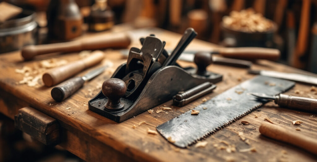 A basic set of woodworking starter tools including a jack plane, chisels, backsaw, mallet, and marking knife laid out on a wooden workbench