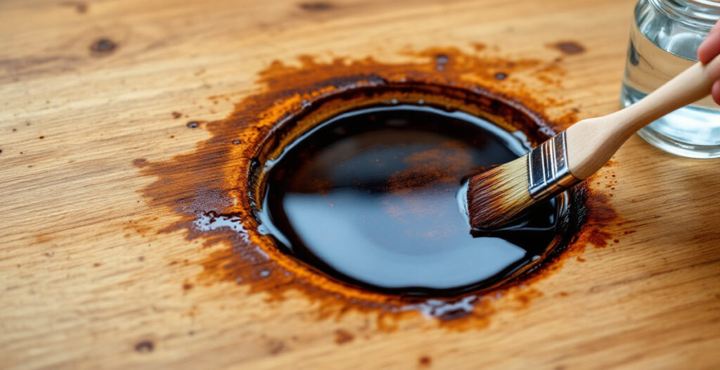 Oxalic acid crystals being mixed with water to treat a dark water and tannin stain on an oak board